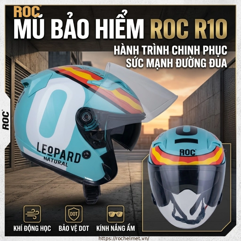 Mũ bảo hiểm 3/4 kính âm chính hãng Roc Helmet 6 Mũ bảo hiểm 3/4 có kính âm ROC R10