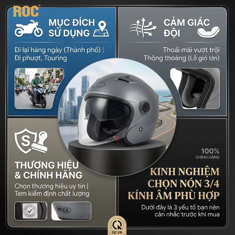 Mũ bảo hiểm 3/4 kính âm chính hãng Roc Helmet 8 Kinh nghiệm chọn nón bảo hiểm 3/4 kính âm phù hợp