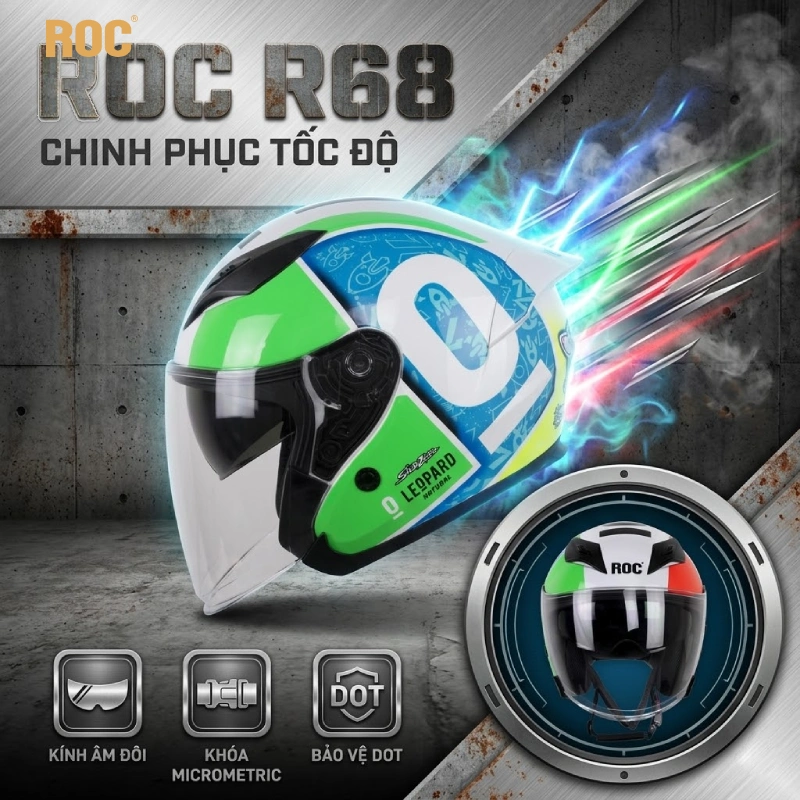 Mũ bảo hiểm 3/4 kính âm chính hãng Roc Helmet 7 Mũ bảo hiểm 3/4 có kính âm ROC R68