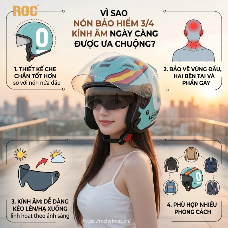 Mũ bảo hiểm 3/4 kính âm chính hãng Roc Helmet 3 Vì sao mũ bảo hiểm 3/4 kính âm ngày càng được ưa chuộng?