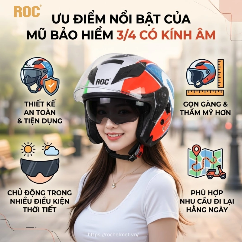 Mũ bảo hiểm 3/4 kính âm chính hãng Roc Helmet 4 Ưu điểm nổi bật của mũ bảo hiểm 3/4 có kính âm
