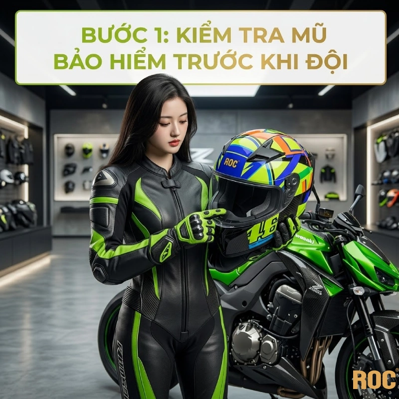 Cách đội mũ fullface: Bước 1: Kiểm tra mũ trước khi đội