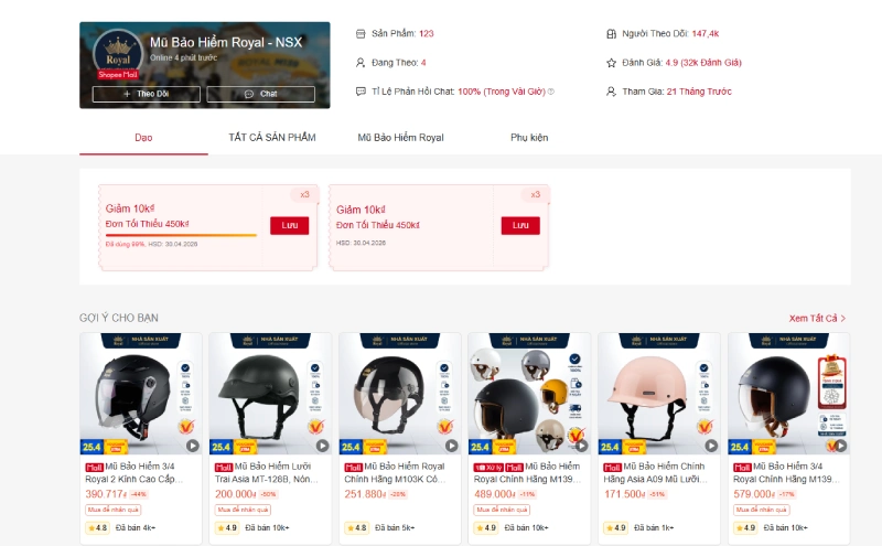 Mua nón bảo hiểm 3/4 trên các sàn thương mại điện tử