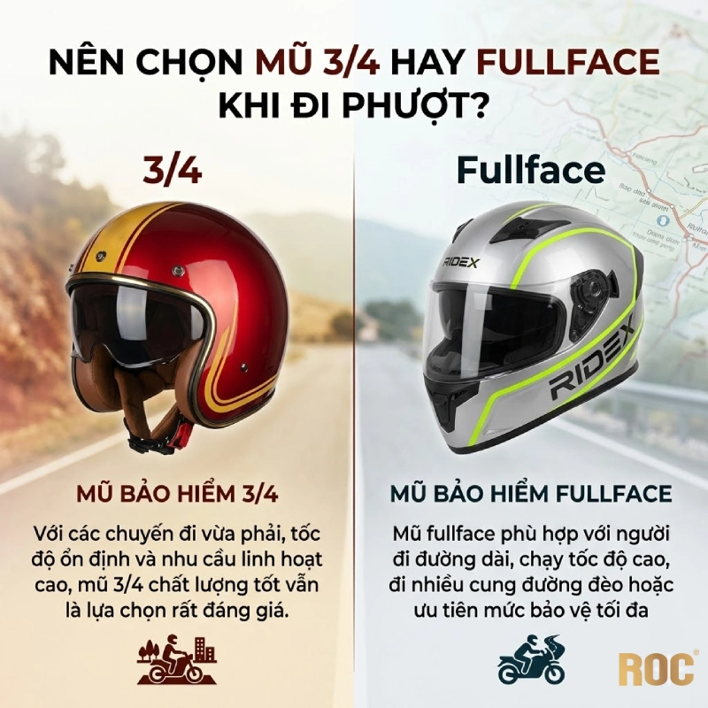 Nên chọn mũ 3/4 hay fullface khi đi phượt?