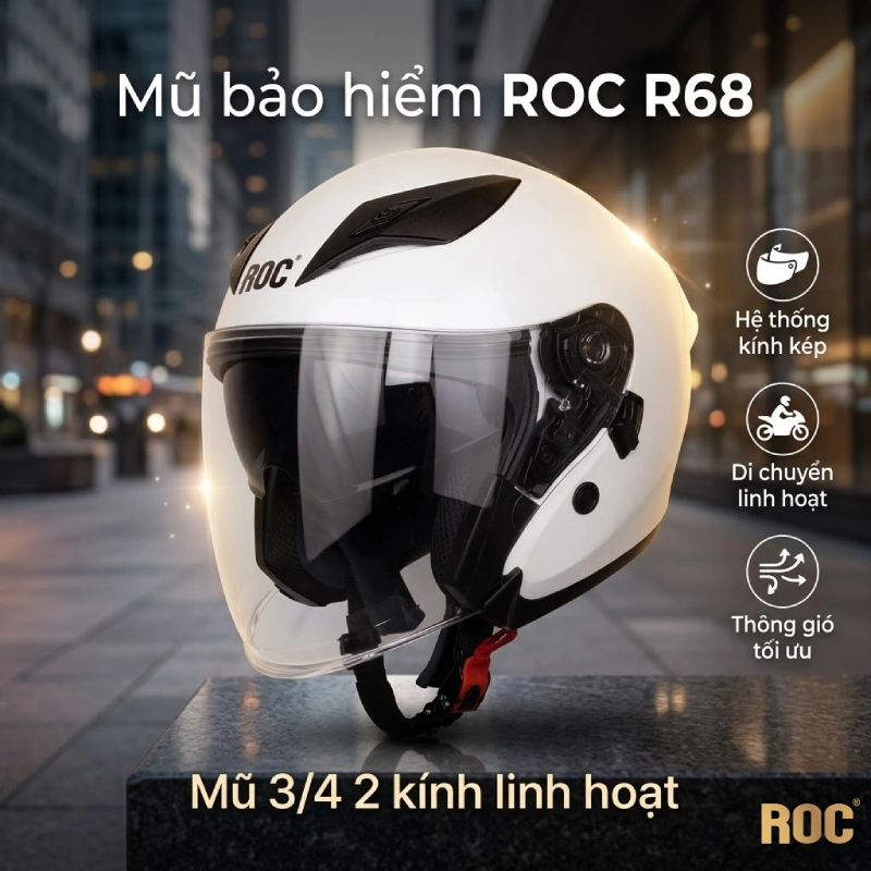 Nón bảo hiểm phượt ROC R68 – Mũ 3/4 2 kính linh hoạt