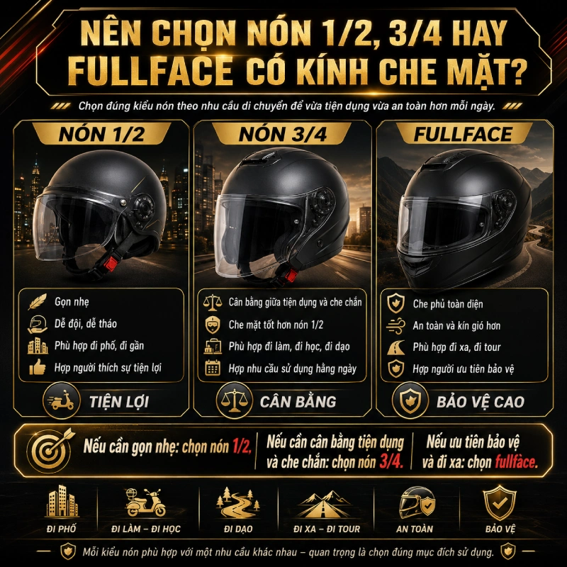 Nên chọn nón 1/2, 3/4 hay fullface có kính che mặt?