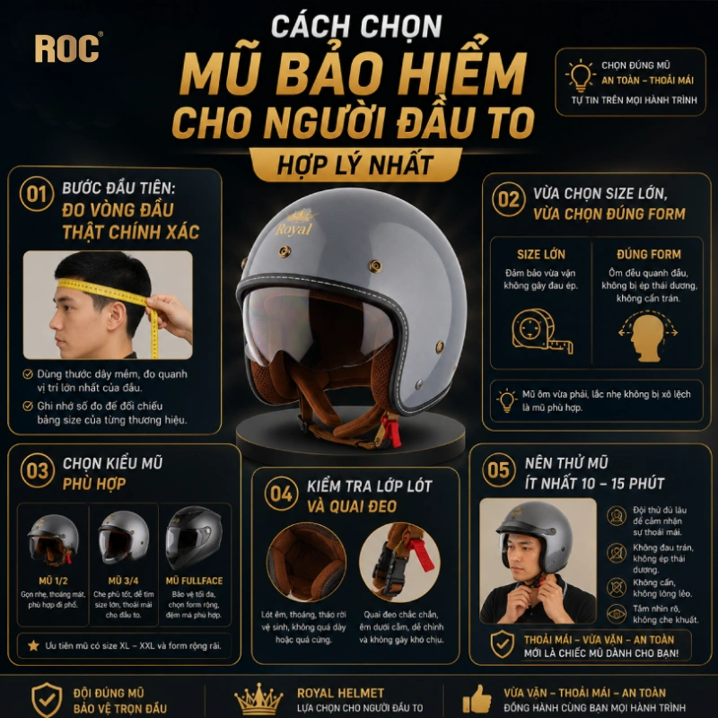 Hướng dẫn chọn mũ bảo hiểm cho người đầu to chuẩn 2026 3 Cách chọn mũ bảo hiểm cho người đầu to hợp lý nhất