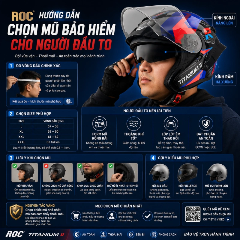 Hướng dẫn cách chọn mũ bảo hiểm cho người đầu to chuẩn 2026
