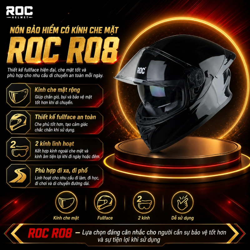 Nón bảo hiểm có kính che mặt ROC R08