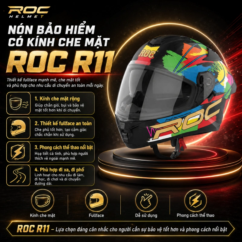 Nón bảo hiểm có kính che mặt ROC R11