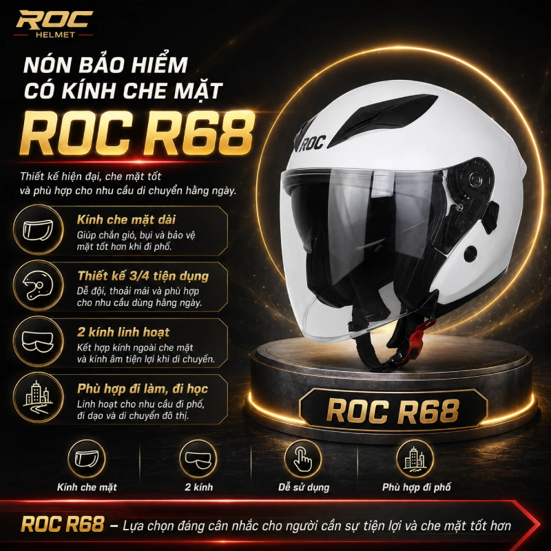 Nón bảo hiểm có kính che mặt ROC R68
