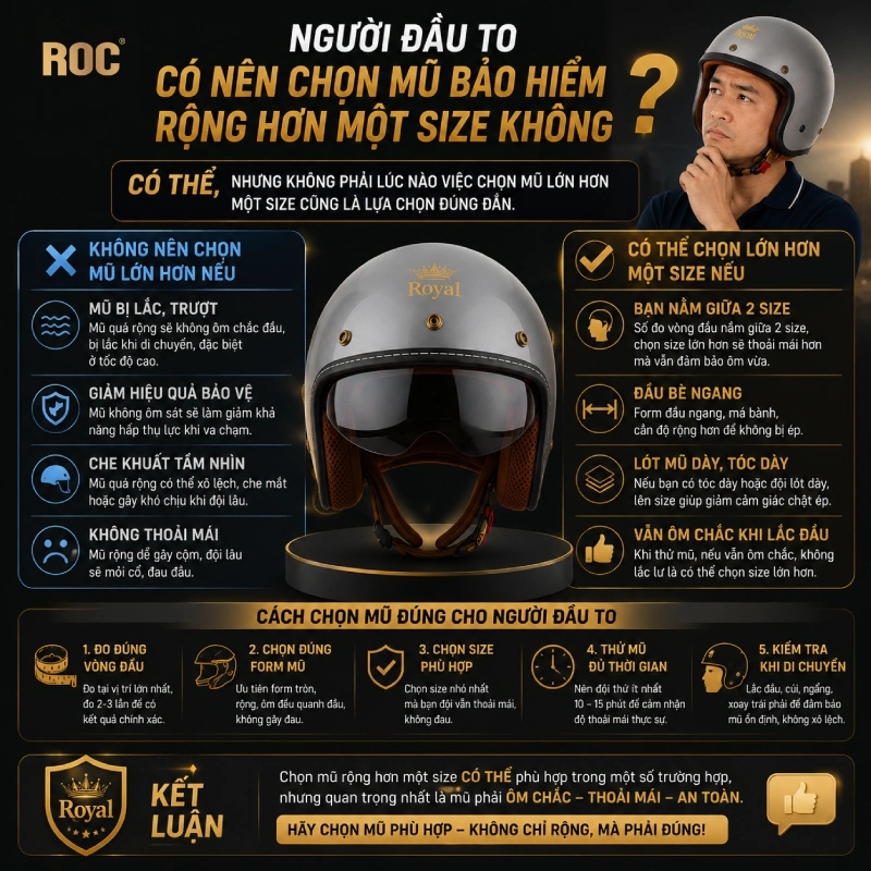 Hướng dẫn chọn mũ bảo hiểm cho người đầu to chuẩn 2026 4 Người đầu to có nên chọn mũ bảo hiểm rộng hơn một size không?