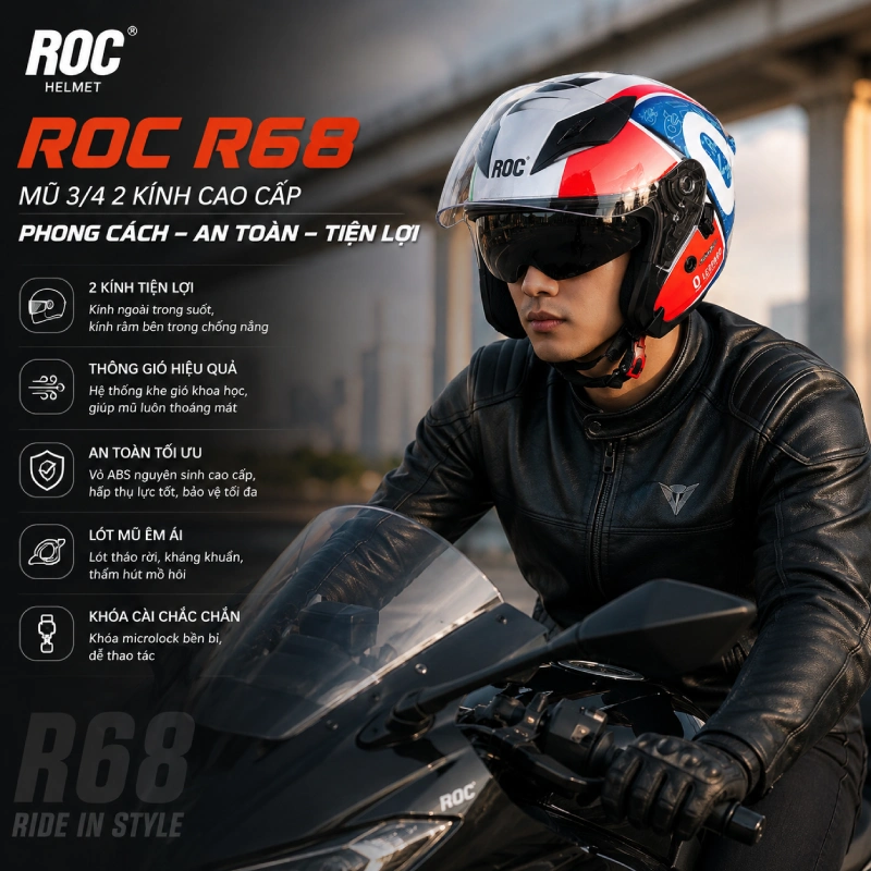 Mũ bảo hiểm trùm đầu nam ROC R68 – Mũ 3/4 2 kính