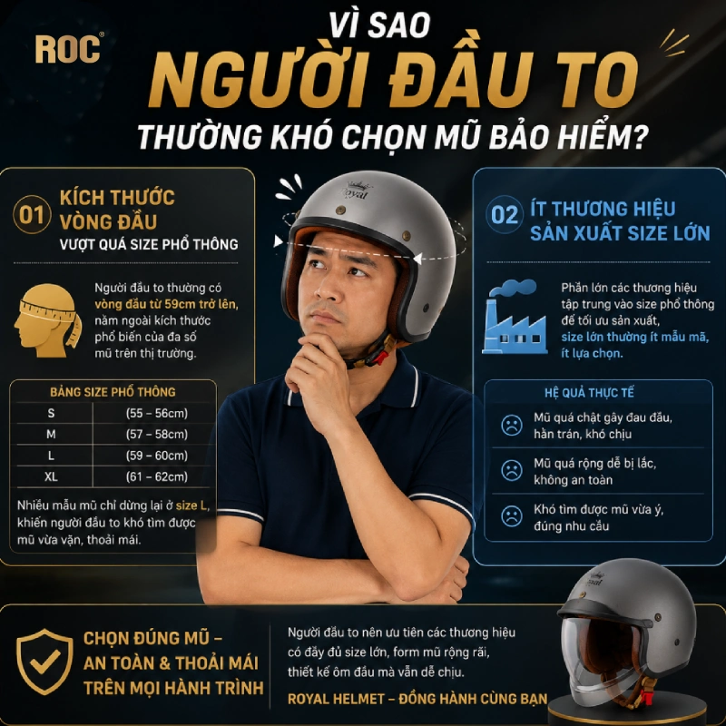 Hướng dẫn chọn mũ bảo hiểm cho người đầu to chuẩn 2026 2 Vì sao người đầu to thường khó chọn mũ bảo hiểm?