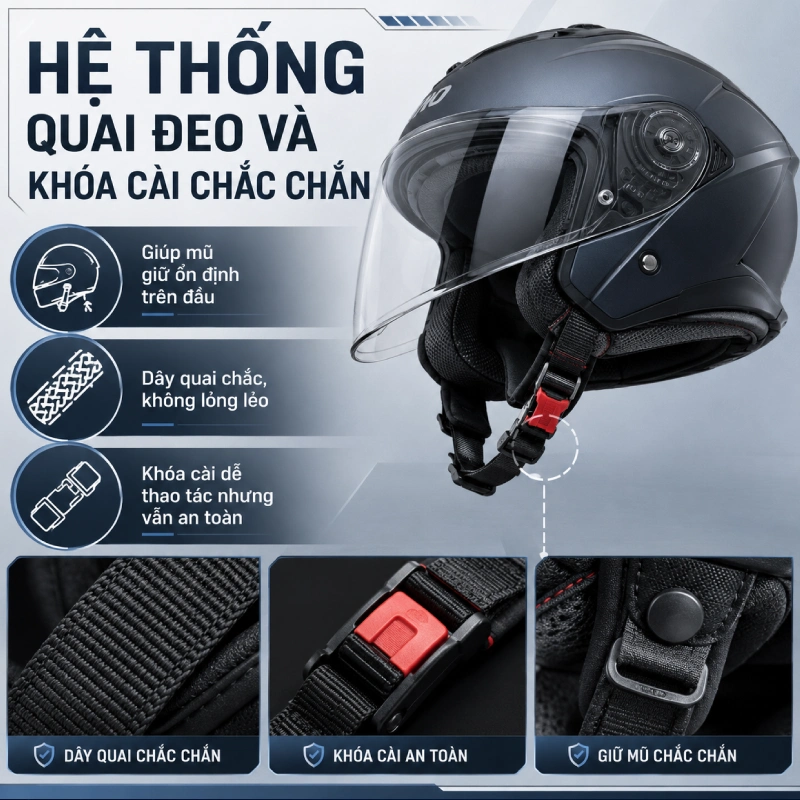 Nón bảo hiểm DOT là gì? Tiêu chuẩn ra sao 7 Hệ thống quai đeo và khóa cài chắc chắn