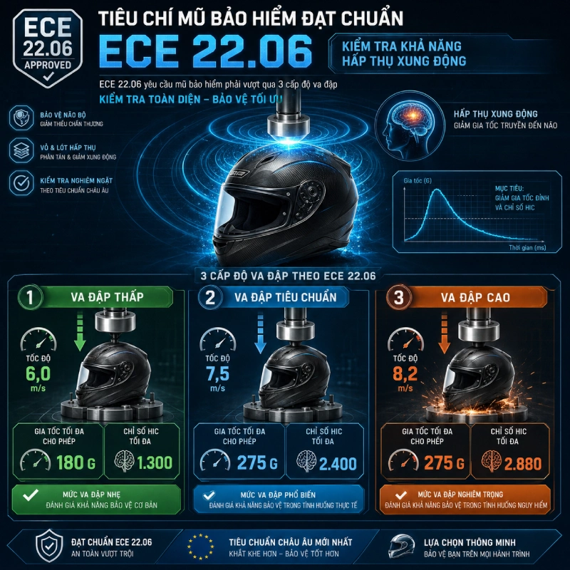 Mũ bảo hiểm đạt chuẩn ECE 22.06 là gì? 4 Kiểm tra khả năng hấp thụ xung động đối với mũ bảo hiểm đạt chuẩn ECE 22.06