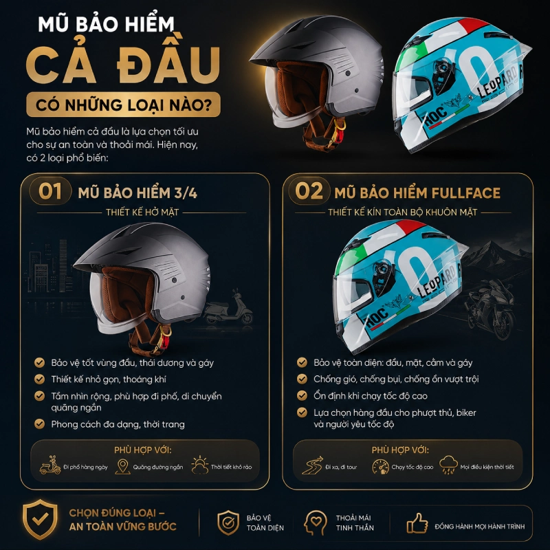 Mũ bảo hiểm cả đầu có 2 loại, nón bảo hiểm 3/4 và mũ fullface