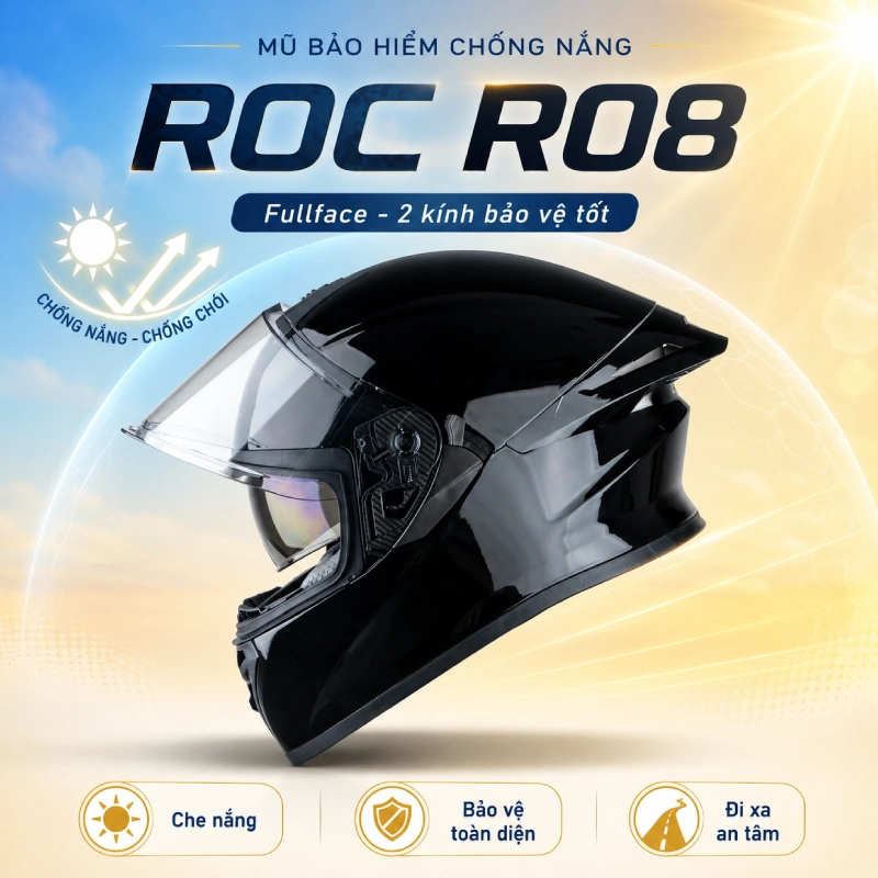 Mũ bảo hiểm chống nắng loại nào tốt? 12 Mũ bảo hiểm có kính che nắng ROC R08