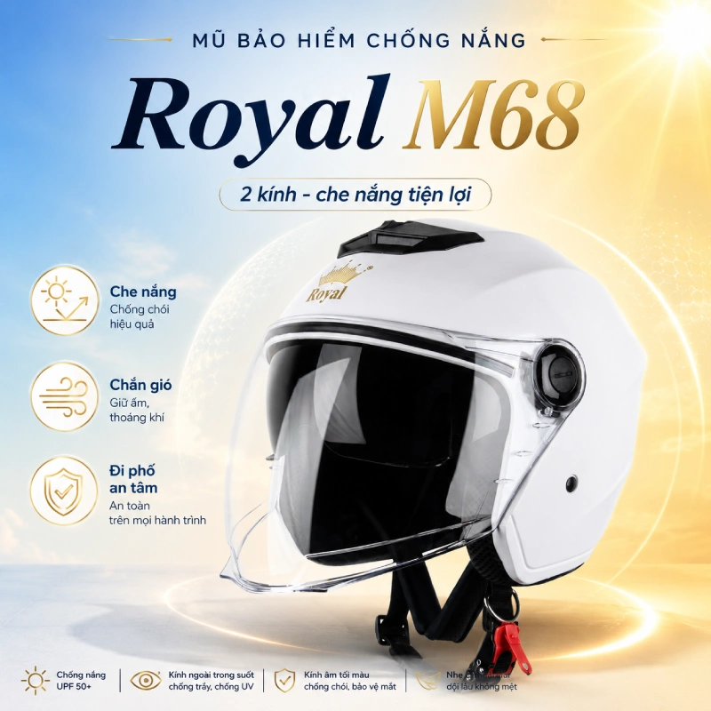 Mũ bảo hiểm chống nắng loại nào tốt? 7 Nón bảo hiểm có kính che nắng Royal M68