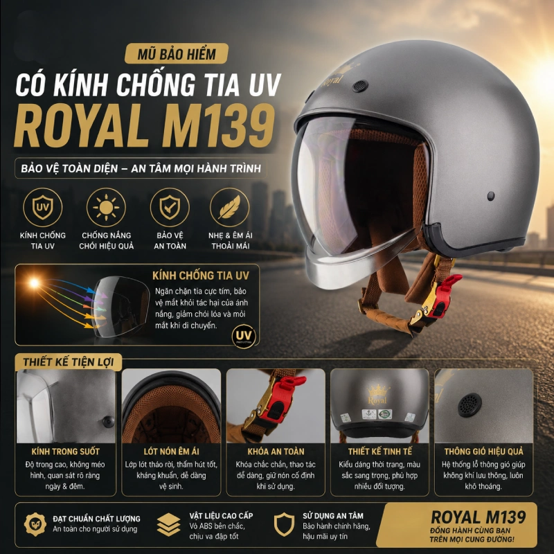 Mũ bảo hiểm có kính chống tia UV Royal M139