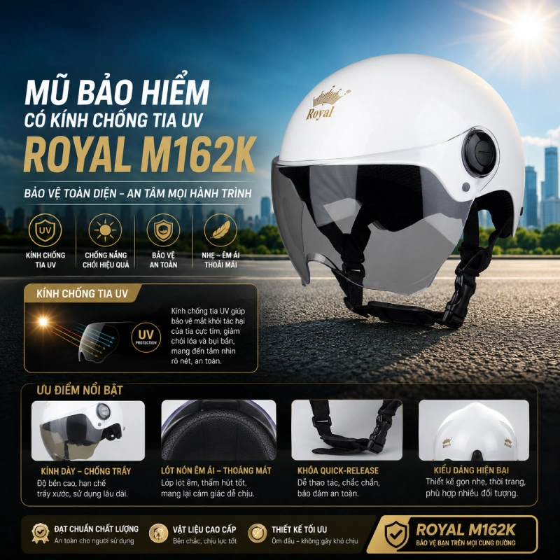 Mũ bảo hiểm có kính chống tia UV Royal M162K