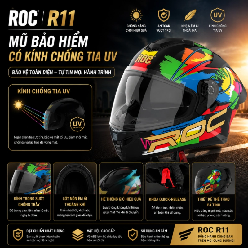 Mũ bảo hiểm có kính chống tia UV ROC R11