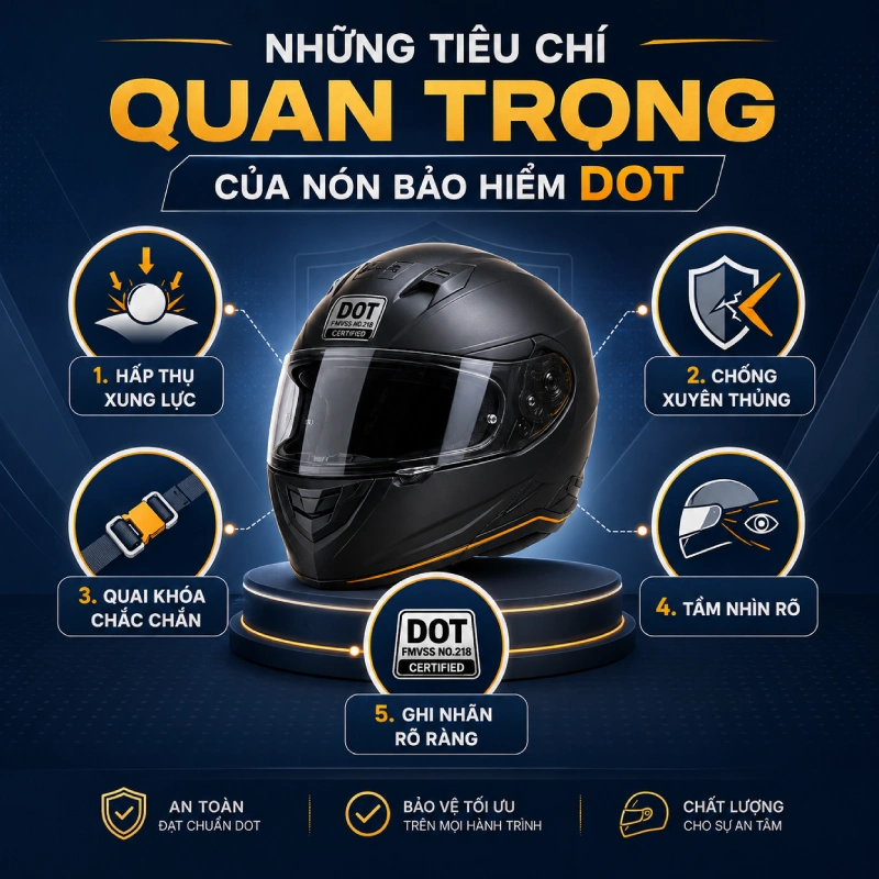 Nón bảo hiểm DOT là gì? Tiêu chuẩn ra sao 4 Những tiêu chí quan trọng của nón bảo hiểm DOT