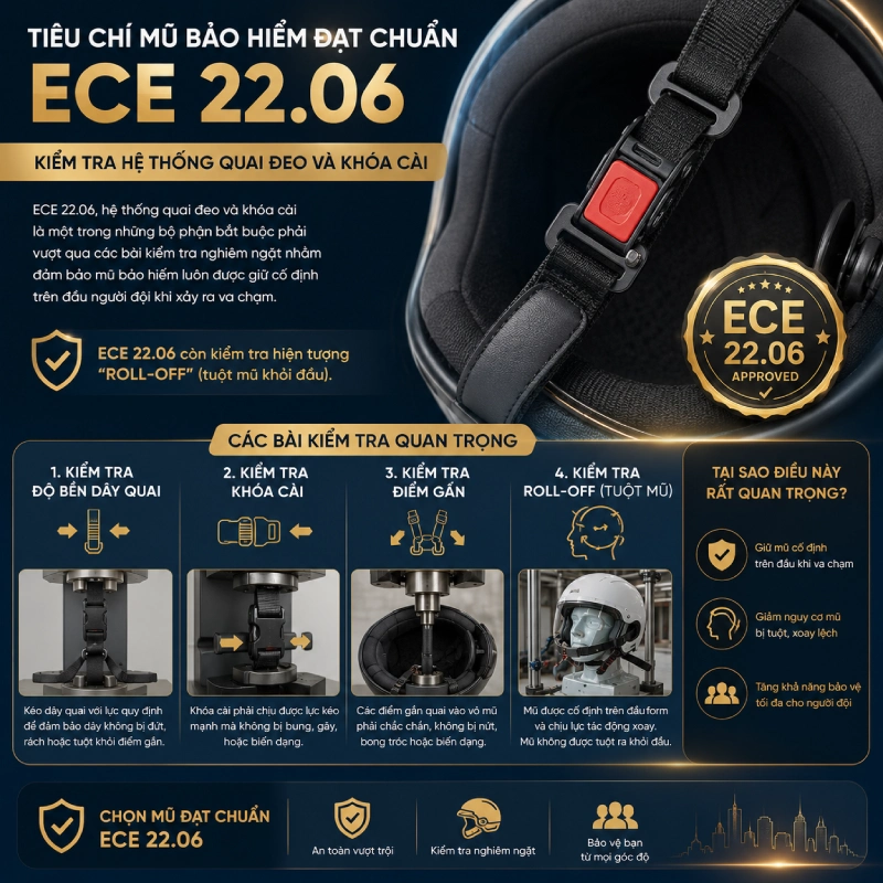 Mũ bảo hiểm đạt chuẩn ECE 22.06 là gì? 7 Kiểm tra hệ thống quai đeo và khóa cài với ECE 22.06