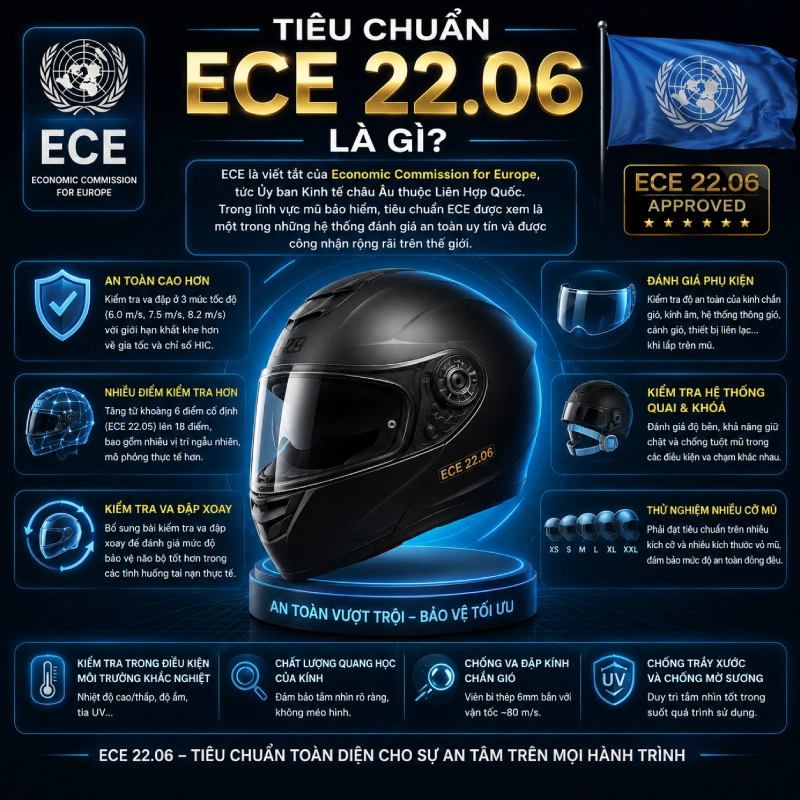 Mũ bảo hiểm đạt chuẩn ECE 22.06 là gì? 2 Tiêu chuẩn ECE 22.06 là gì?