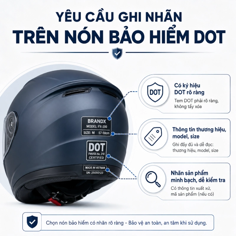 Nón bảo hiểm DOT là gì? Tiêu chuẩn ra sao 9 Yêu cầu ghi nhãn trên nón bảo hiểm DOT
