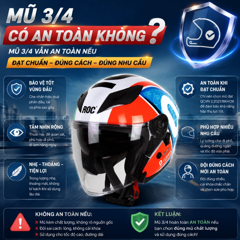 Mũ 3/4 có an toàn không?