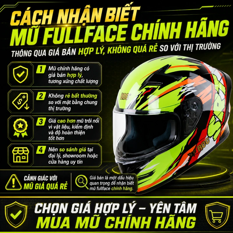 Chia sẻ cách nhận biết mũ fullface chính hãng 6 Mũ fullface chính hãng luôn có giá tương xứng với chi phí nghiên cứu, vật liệu và quy trình sản xuất đạt tiêu chuẩn.