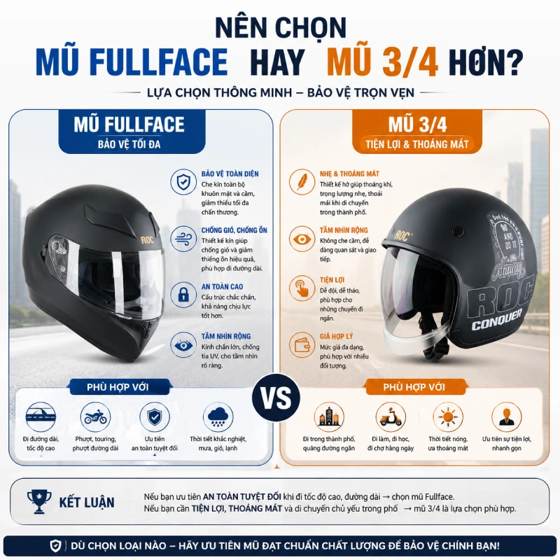 Nên chọn mũ fullface hay mũ 3/4 hơn? 10 Nên chọn mũ Fullface hay mũ 3/4?