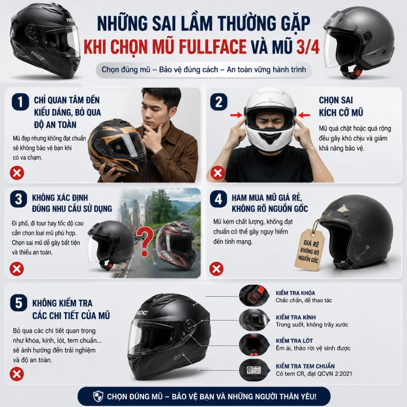 Nên chọn mũ fullface hay mũ 3/4? 11 Những sai lầm thường gặp khi chọn mũ 3/4 và mũ fullface