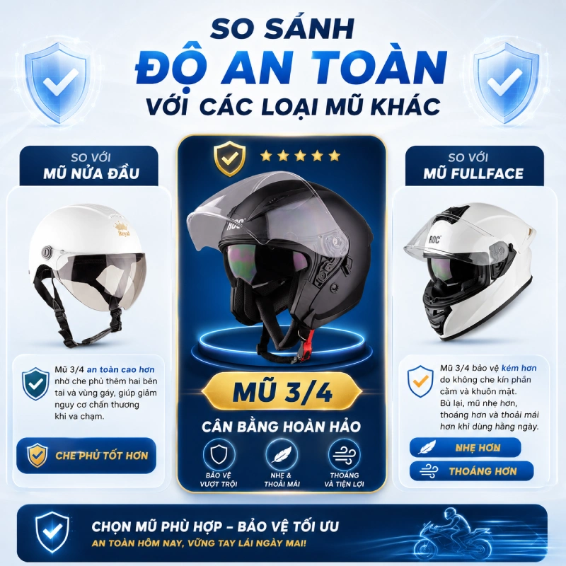 So sánh độ an toàn với các loại mũ khác để hiểu rõ hơn mũ 3/4 có an toàn không
