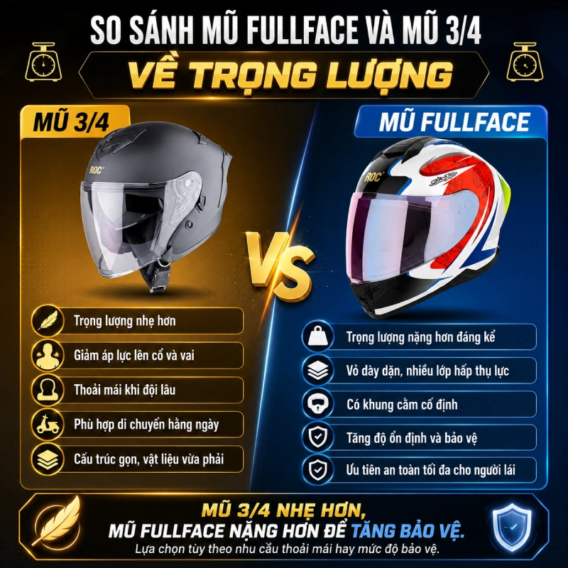 Nên chọn mũ fullface hay mũ 3/4 hơn? 6 So sánh mũ Fullface và mũ 3/4 về trọng lượng
