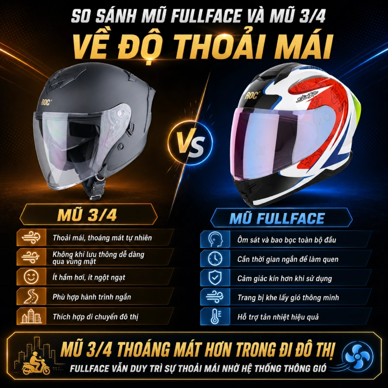 Nên chọn mũ fullface hay mũ 3/4 hơn? 5 So sánh mũ Fullface và mũ 3/4 về sự thoải mái