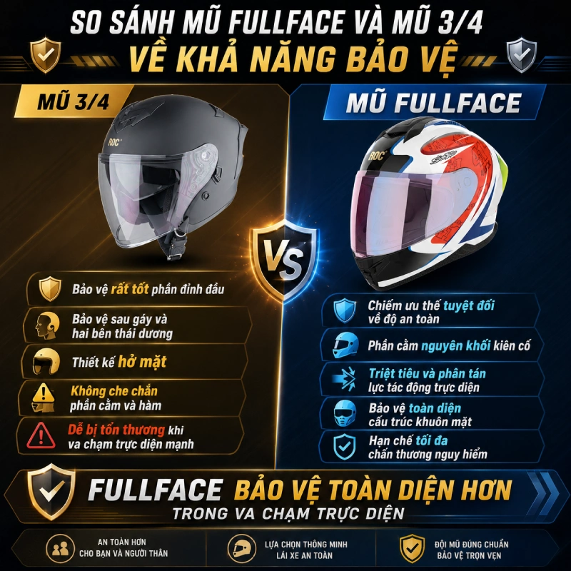 Nên chọn mũ fullface hay mũ 3/4 hơn? 4 So sánh mũ Fullface và mũ 3/4 về khả năng bảo vệ