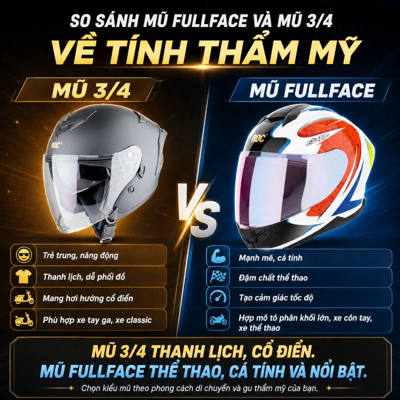 Nên chọn mũ fullface hay mũ 3/4 hơn? 7 So sánh mũ Fullface và mũ 3/4 về tính thẩm mỹ