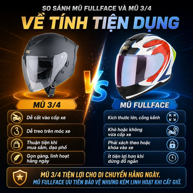Nên chọn mũ fullface hay mũ 3/4 hơn? 8 So sánh mũ Fullface và mũ 3/4 về tính tiện dụng