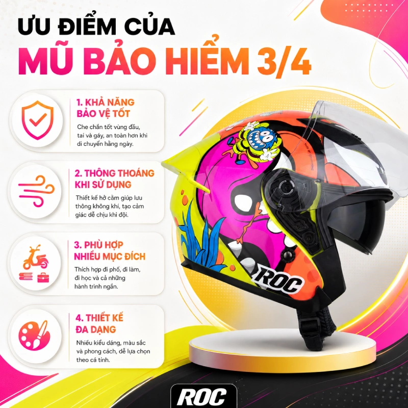 Ưu điểm của mũ bảo hiểm 3/4