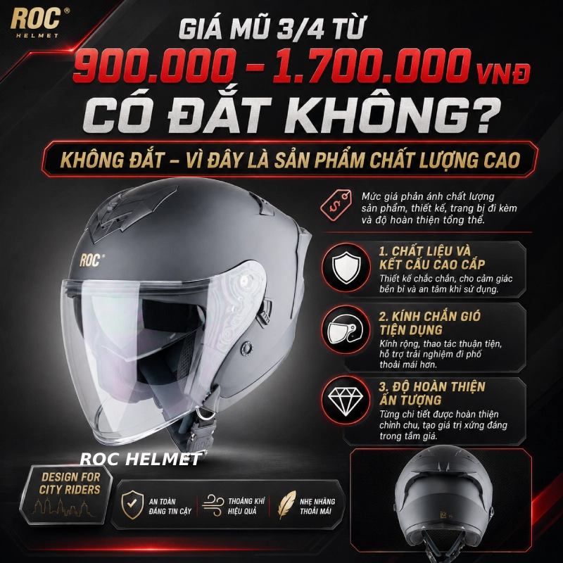 Giá nón bảo hiểm 3/4 đầu ROC Helmet bao nhiêu? 4 Giá nón 3/4 đầu từ 900.000 – 1.700.000 VNĐ có đắt không?