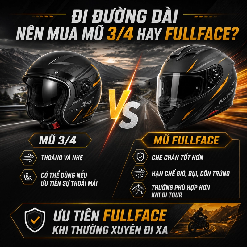 Nên mua mũ 3/4 hay fullface hơn 10 Đi đường dài nên mua mũ 3/4 hay fullface?