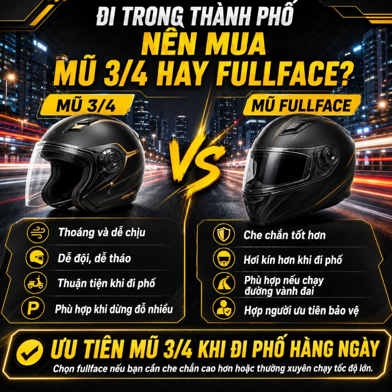 Nên mua mũ 3/4 hay fullface hơn 11 Đi trong thành phố nên mua mũ 3/4 hay fullface?