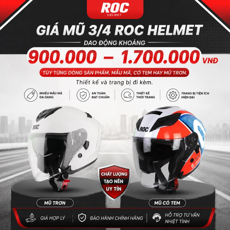 Giá nón bảo hiểm 3/4 đầu ROC Helmet bao nhiêu? 2 Giá nón bảo hiểm 3/4 đầu ROC Helmet dao động khoảng 900.000 – 1.700.000 VNĐ