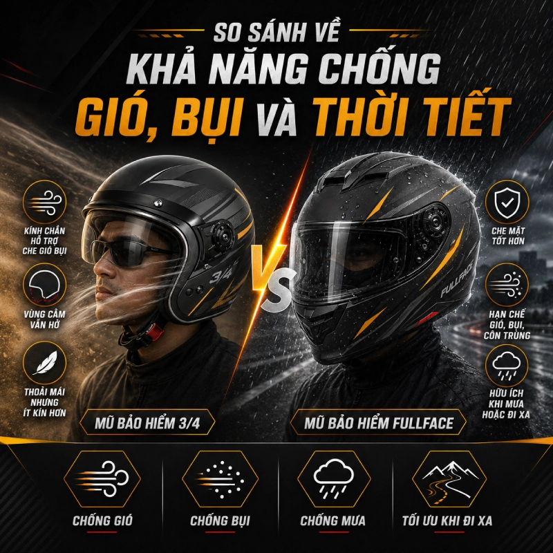 Nên mua mũ 3/4 hay fullface hơn 5 So sánh về khả năng chống gió, bụi và thời tiết