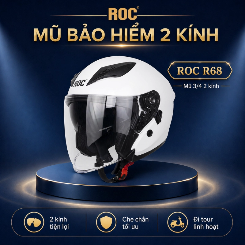 Top 8 mũ bảo hiểm kính âm ưa chuộng nhất 11 Mũ bảo hiểm kính âm ROC R68 – Mũ 3/4 hai kính