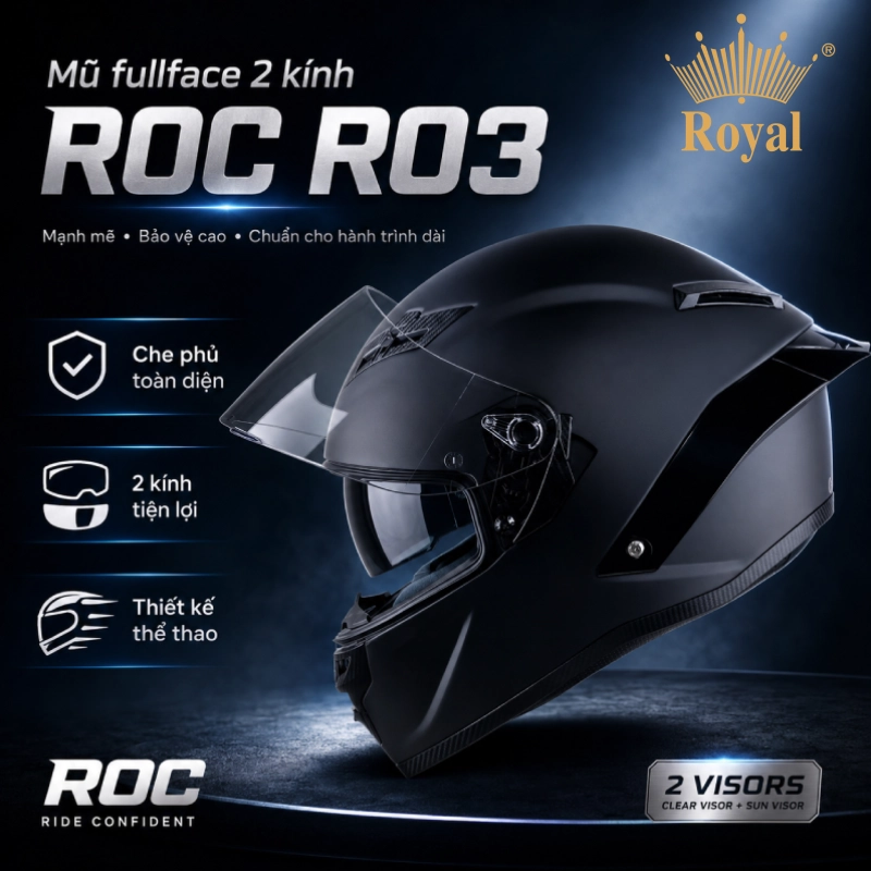 Top 5 mũ bảo hiểm thời trang 1/2, 3/4 và fullface nổi bật 7 Mũ bảo hiểm thười trang fullface ROC R03