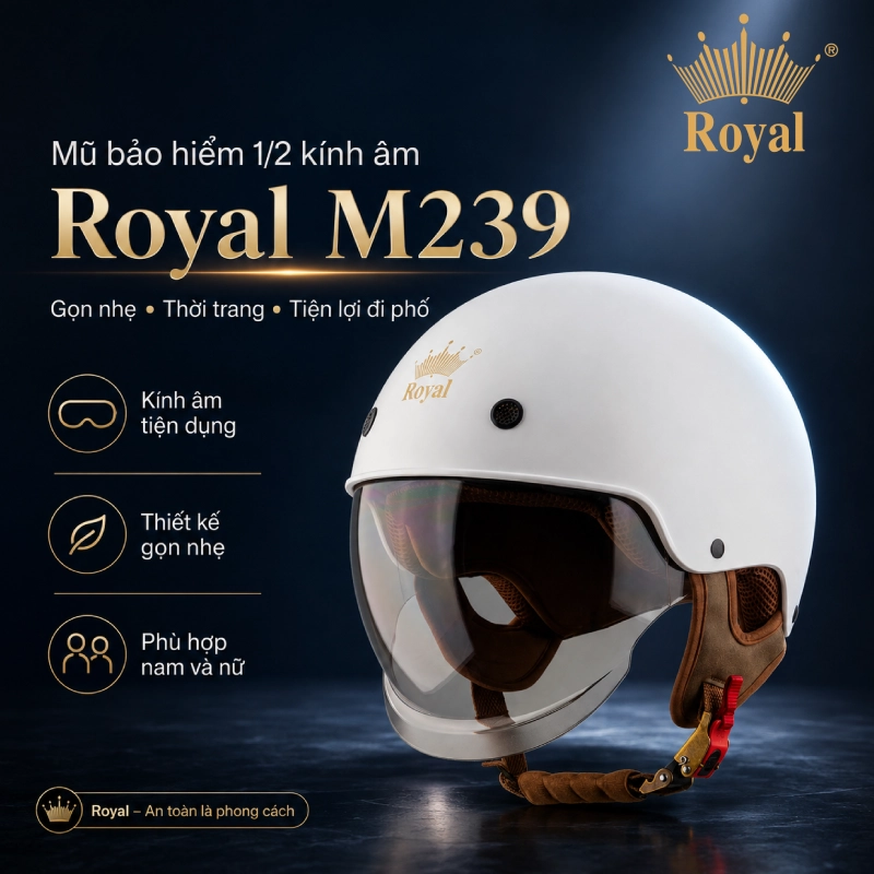 Top 5 mũ bảo hiểm thời trang 1/2, 3/4 và fullface nổi bật 3 Mũ bảo hiểm thời trang 1/2 kính âm Royal M239