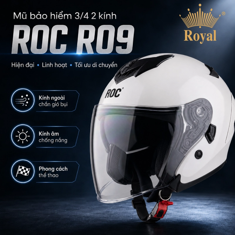 Top 5 mũ bảo hiểm thời trang 1/2, 3/4 và fullface nổi bật 5 Mũ bảo hiểm thười trang 3/4 ROC R09 hai kính